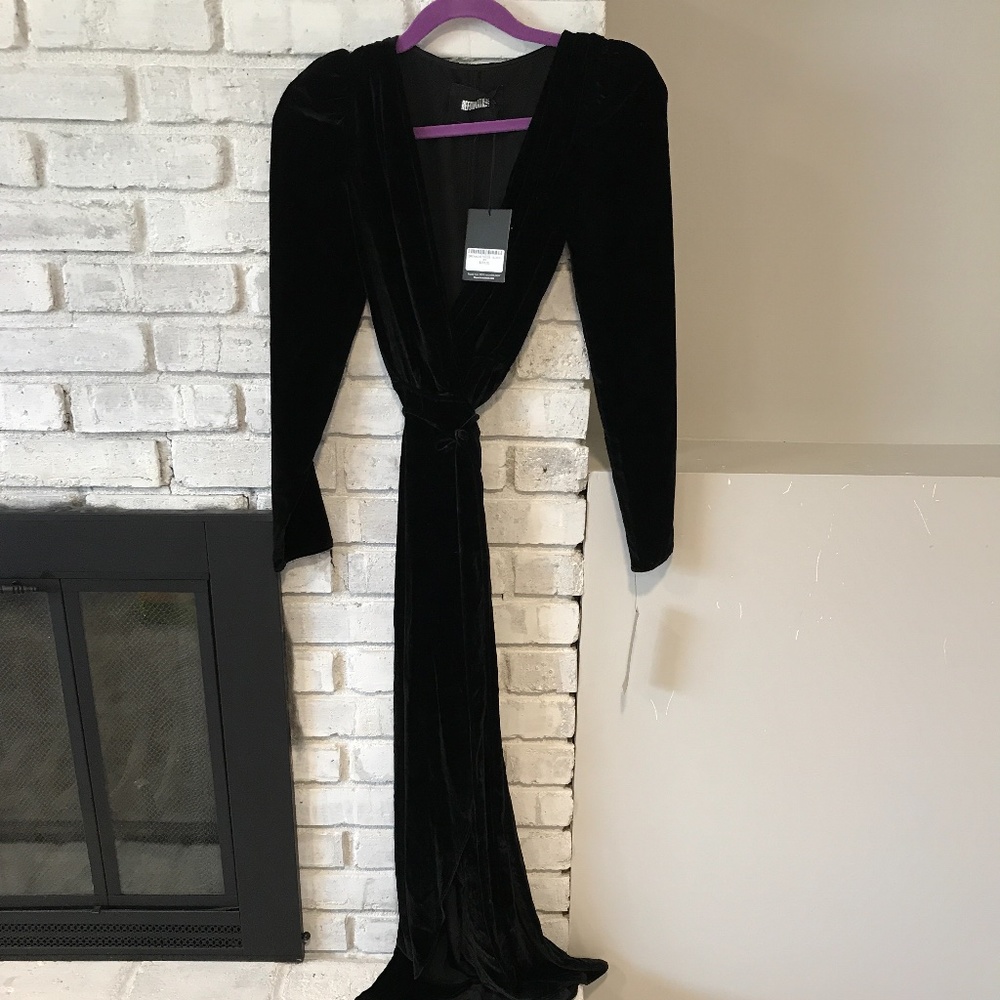 Velvet wrap midi dress with puff sleeve